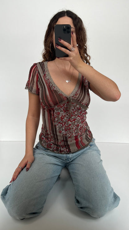 00s brown red babydoll top- size S
