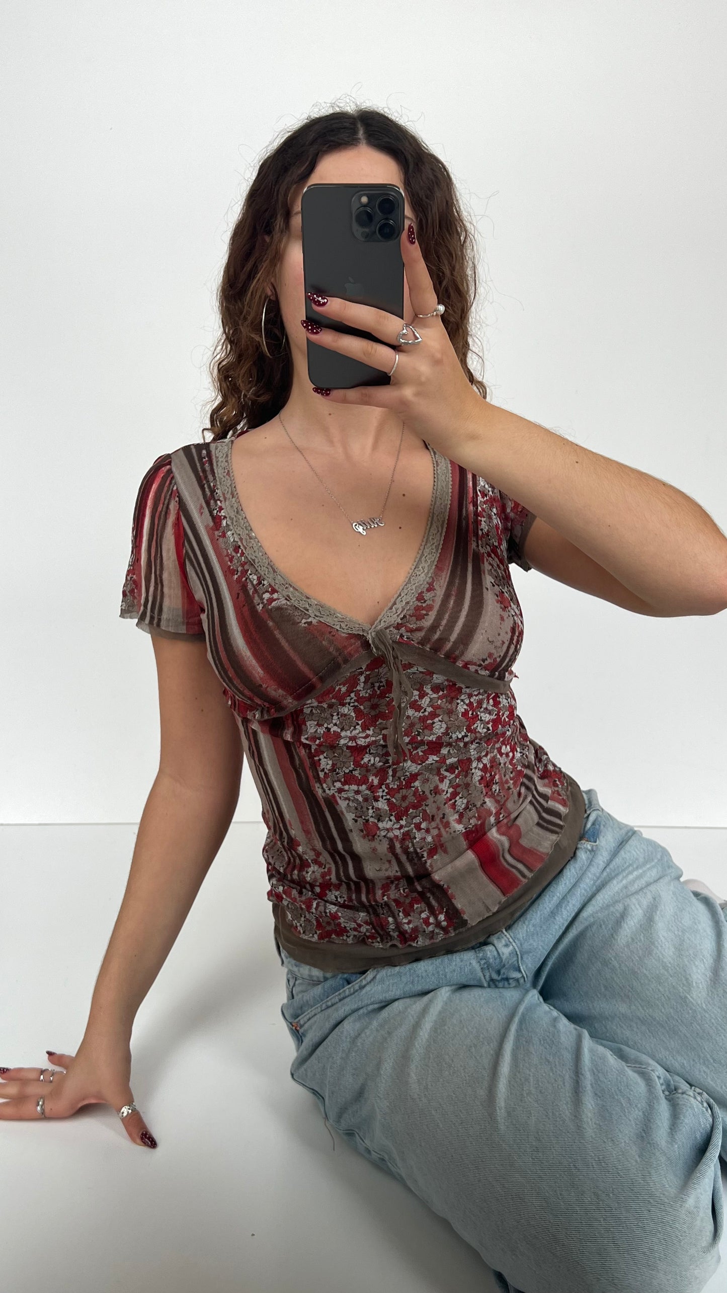 00s brown red babydoll top- size S