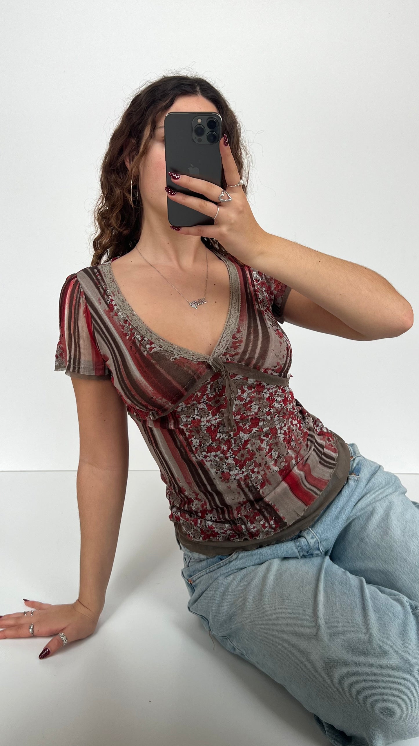 00s brown red babydoll top- size S