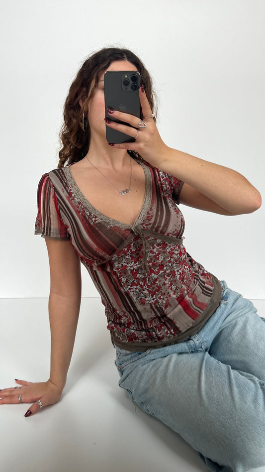 00s brown red babydoll top- size S