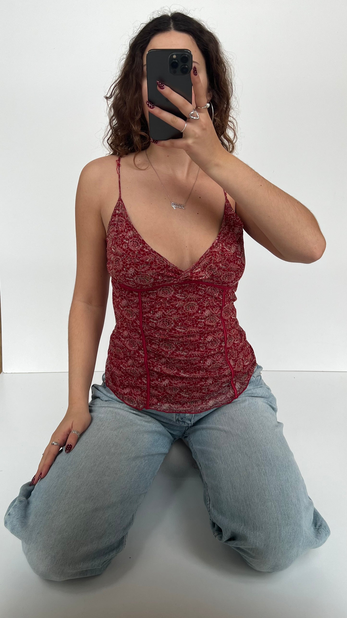 00s red floral mesh cami- size L