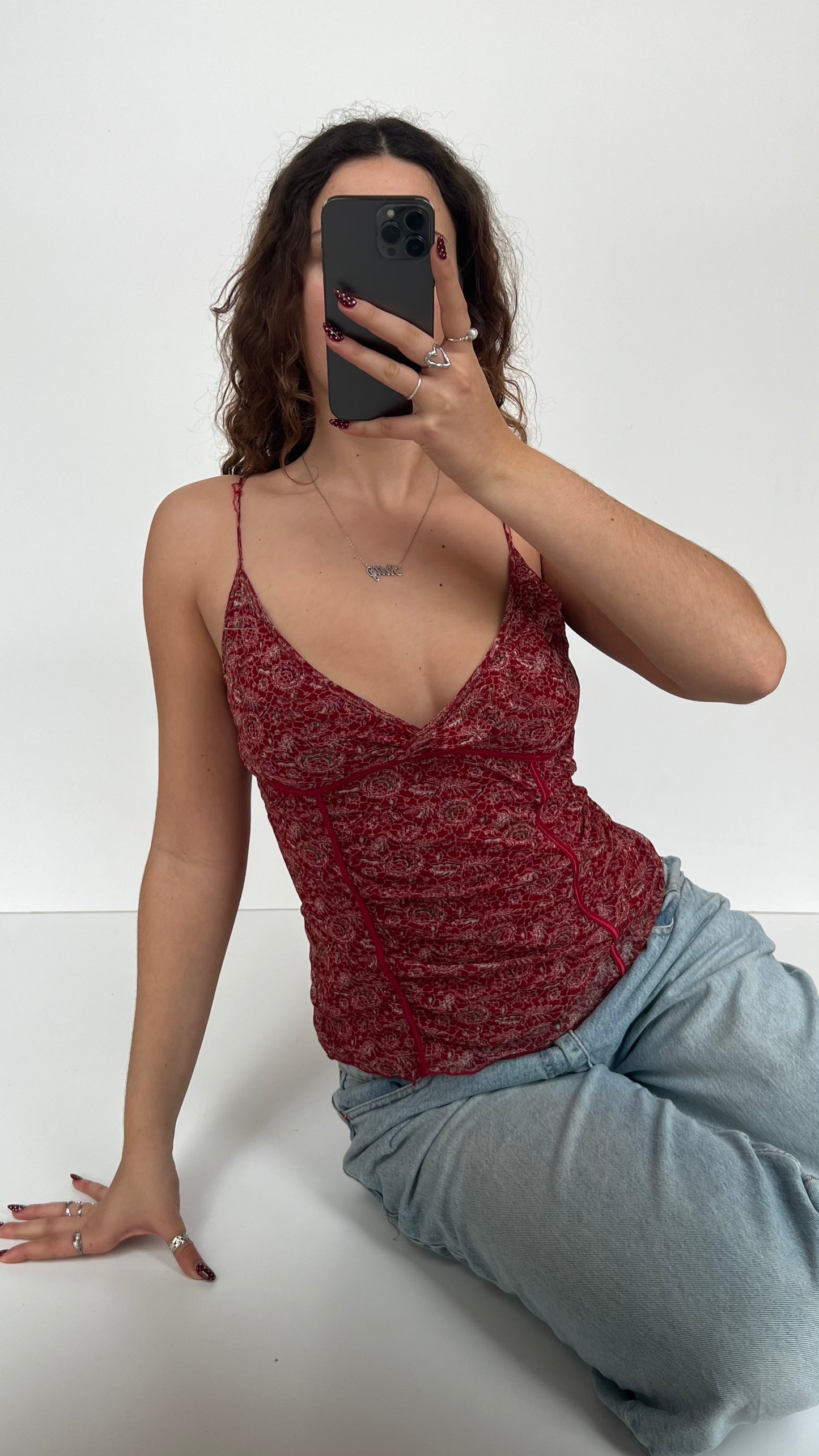 00s red floral mesh cami- size L