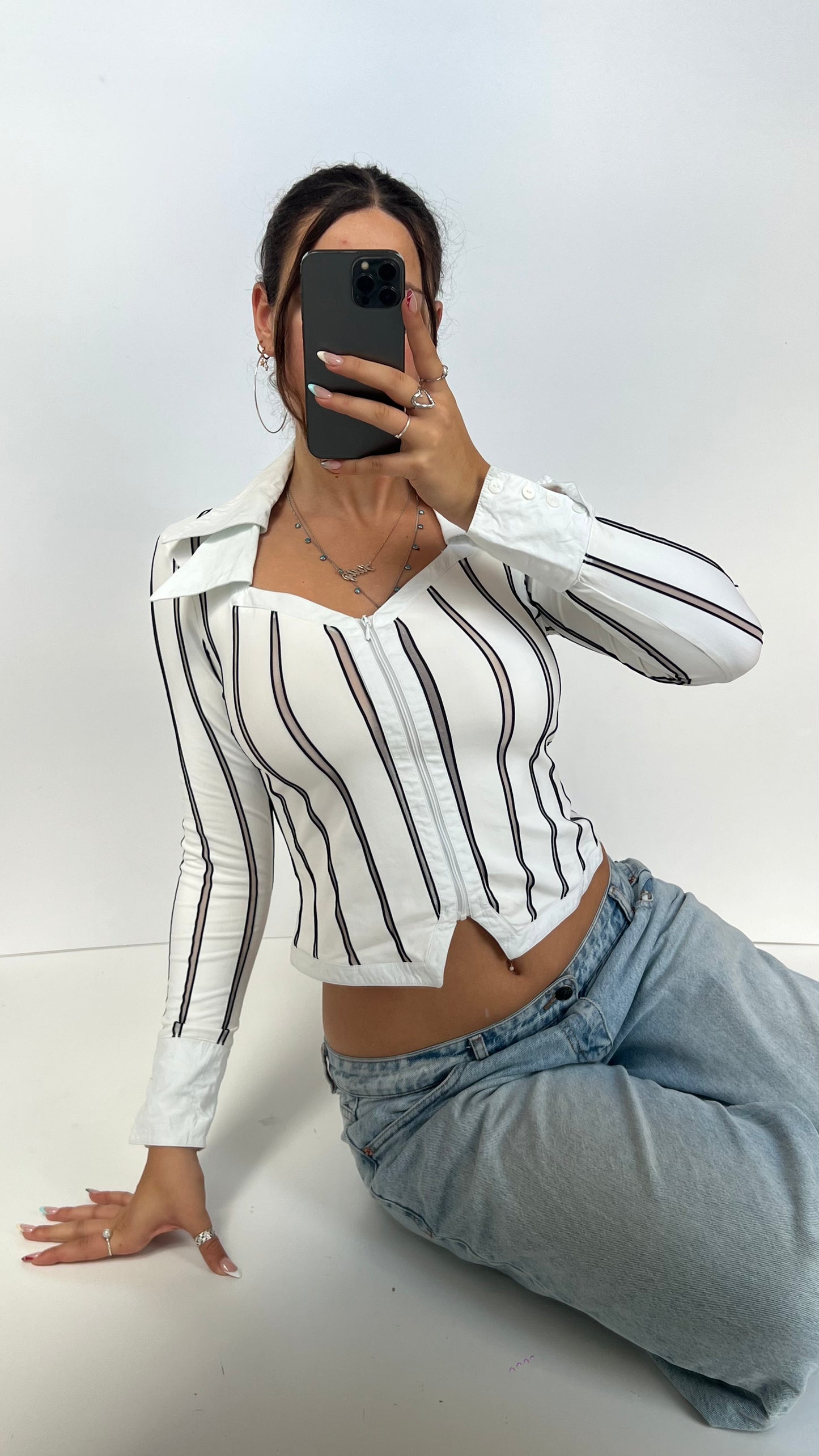 00s white striped shirt- size S/M
