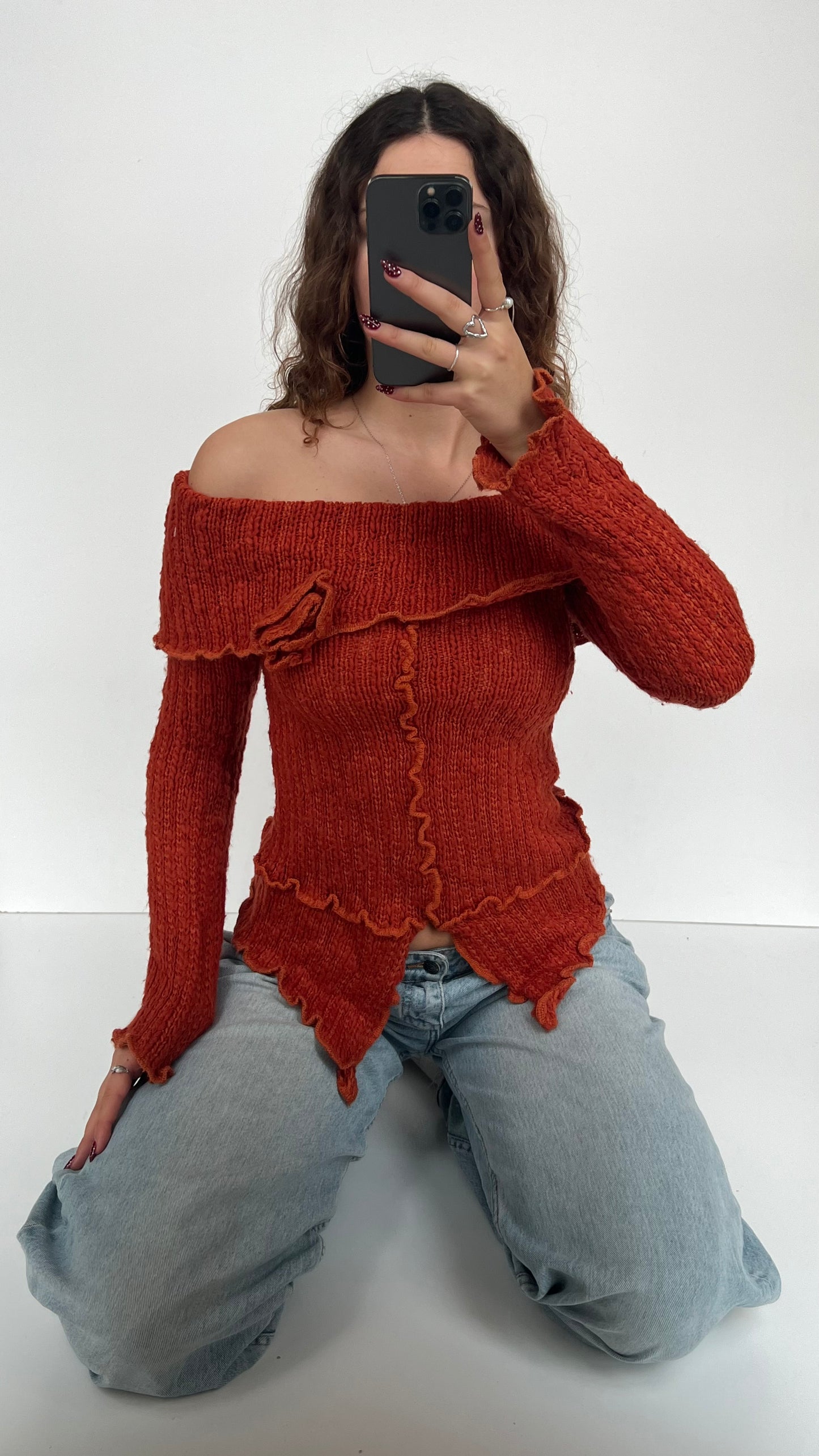 00s orange off the shoulder jumper- size S