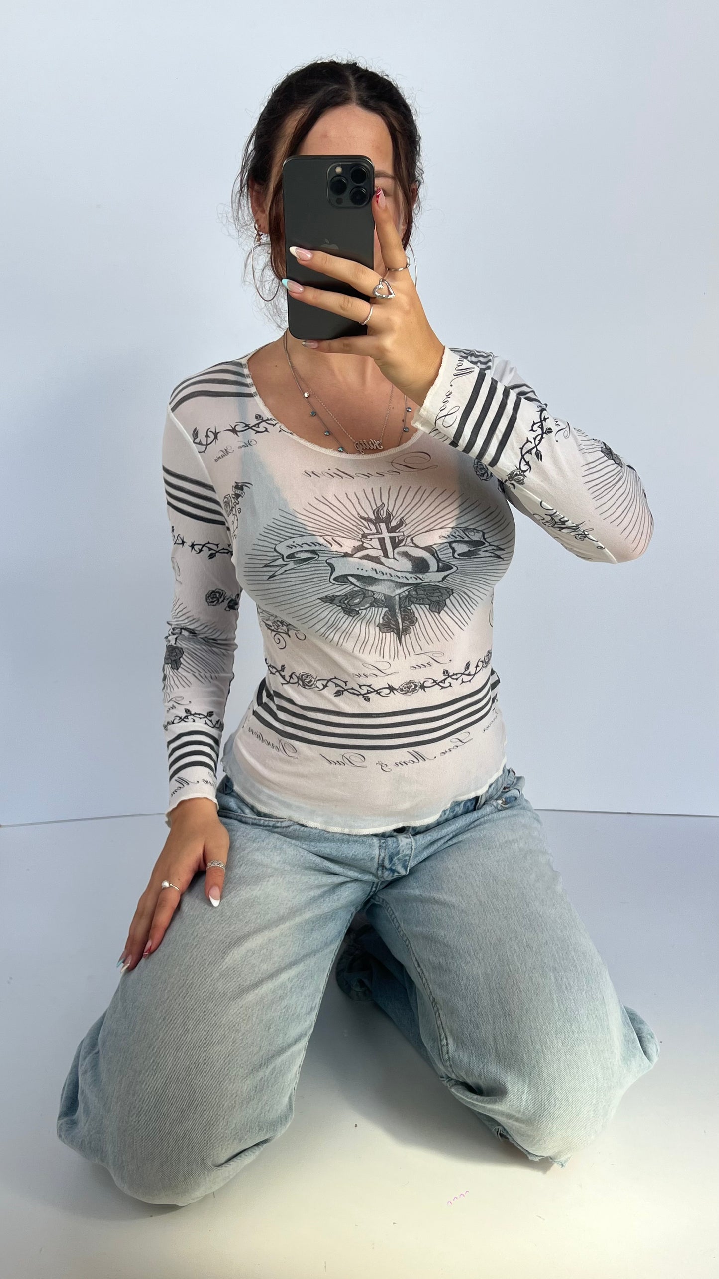 00s Vive Maria tattoo mesh top- size M