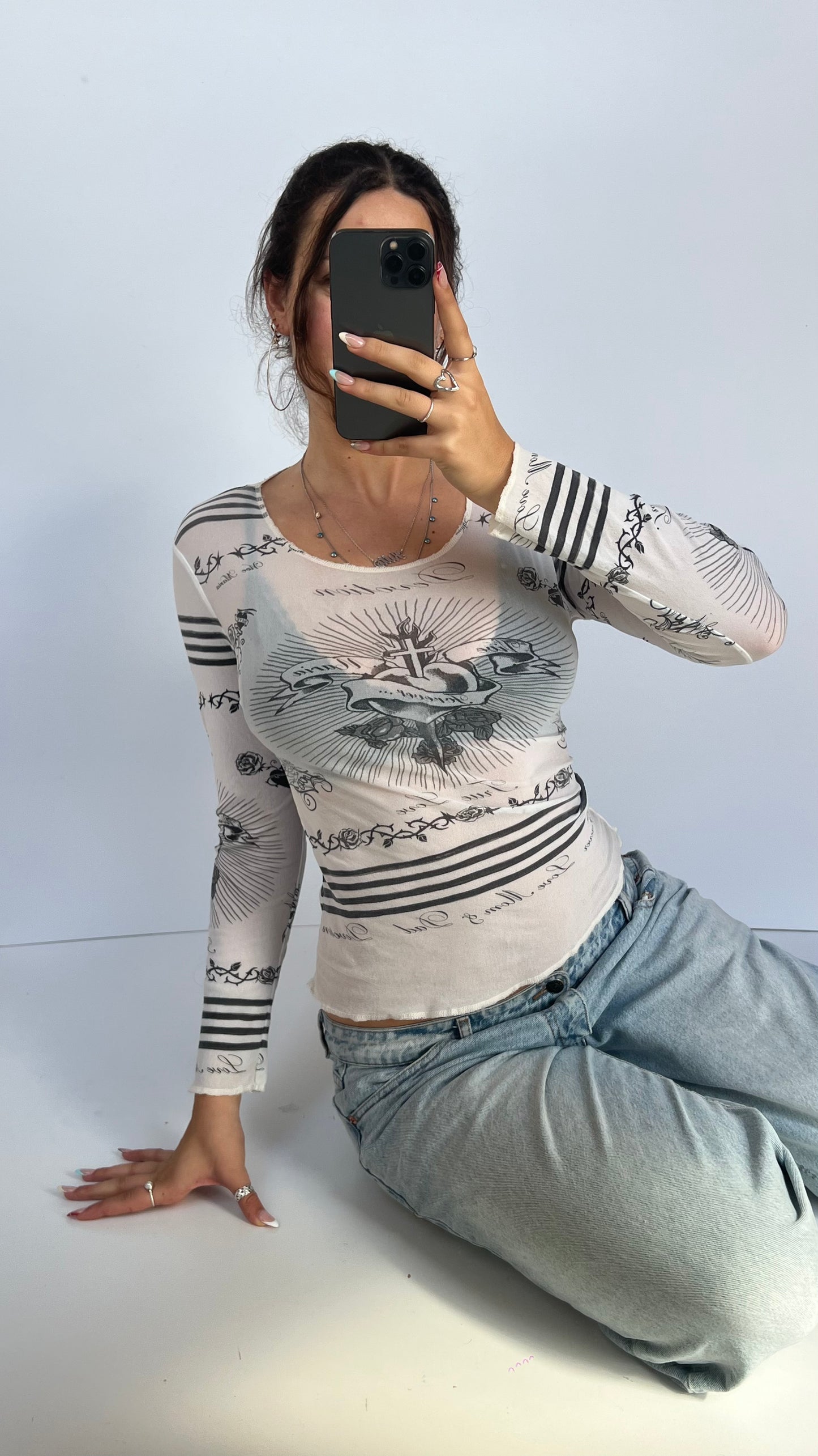 00s Vive Maria tattoo mesh top- size M