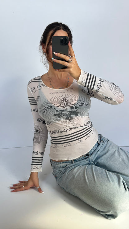 00s Vive Maria tattoo mesh top- size M