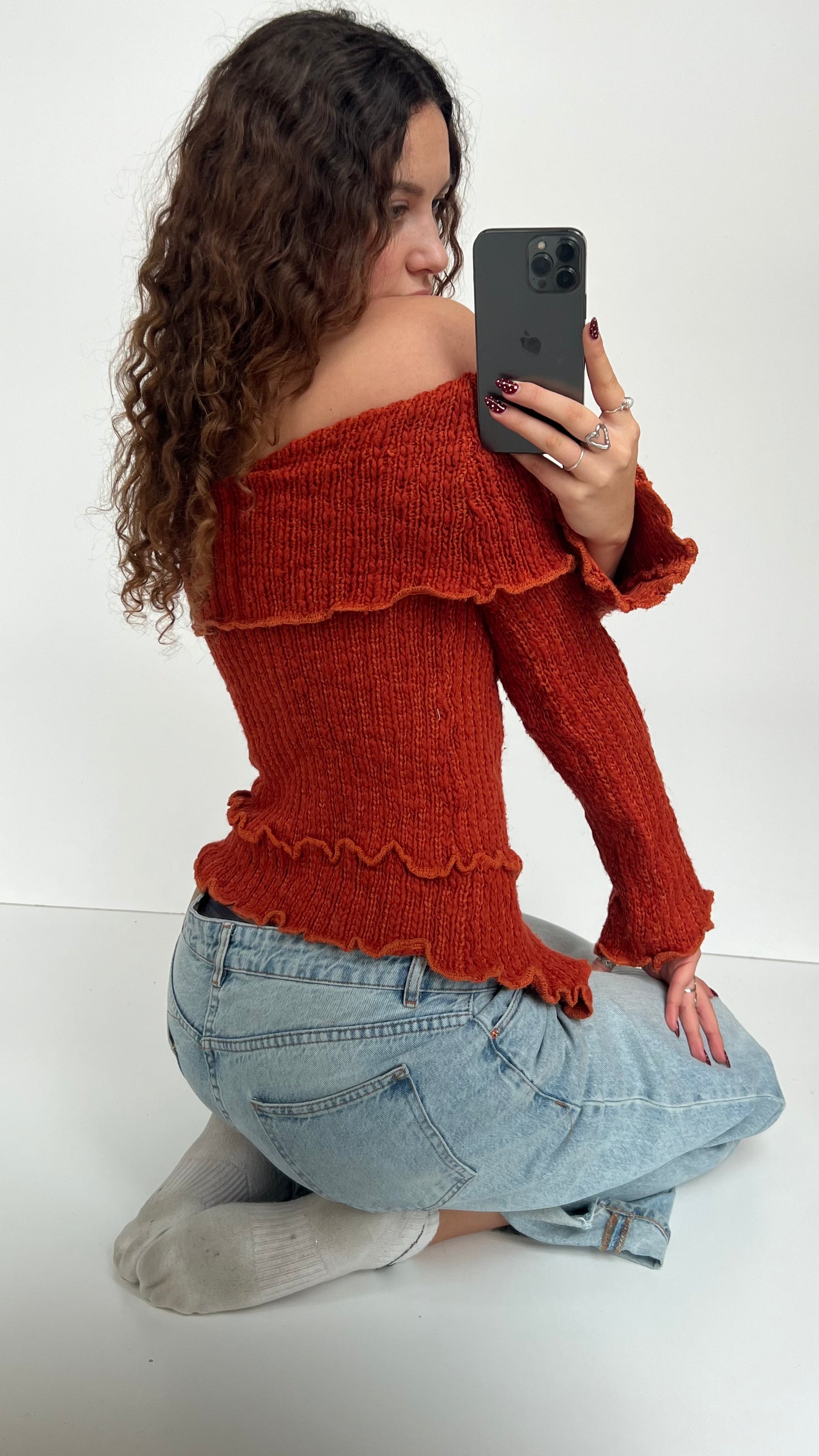 00s orange off the shoulder jumper- size S