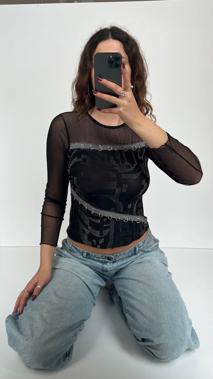 00s black mesh long sleeve top- size S