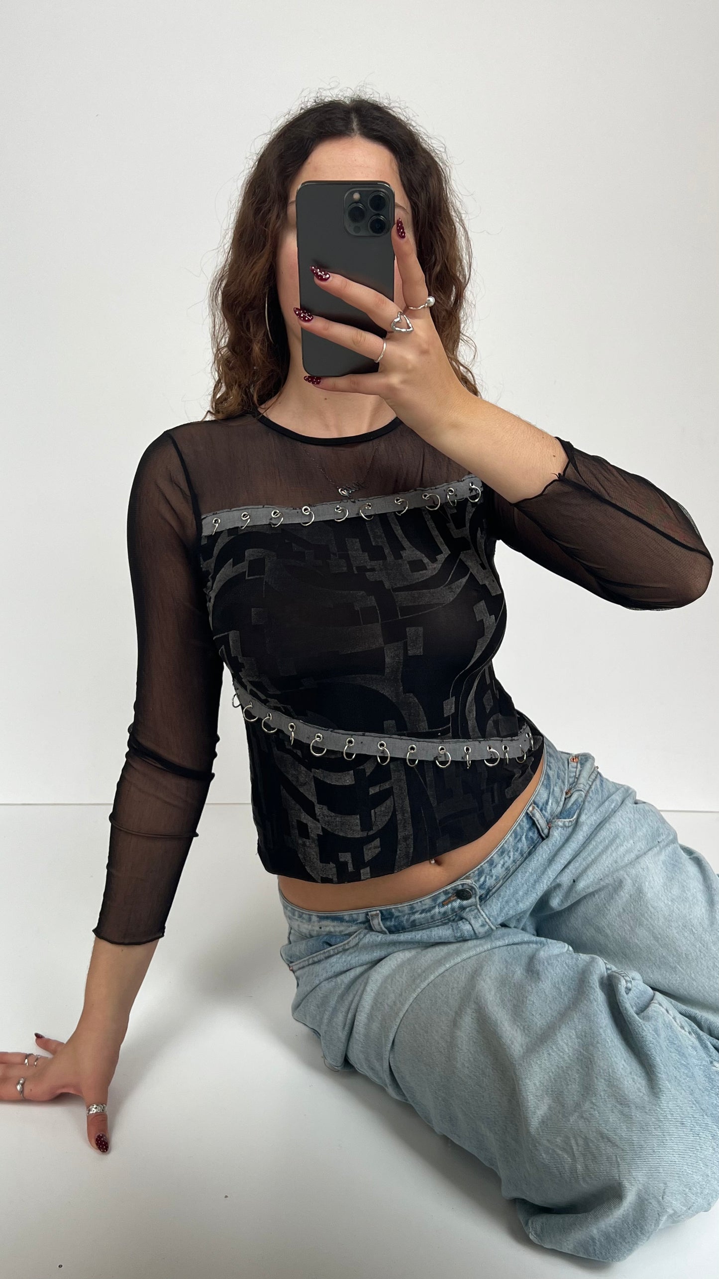 00s black mesh long sleeve top- size S