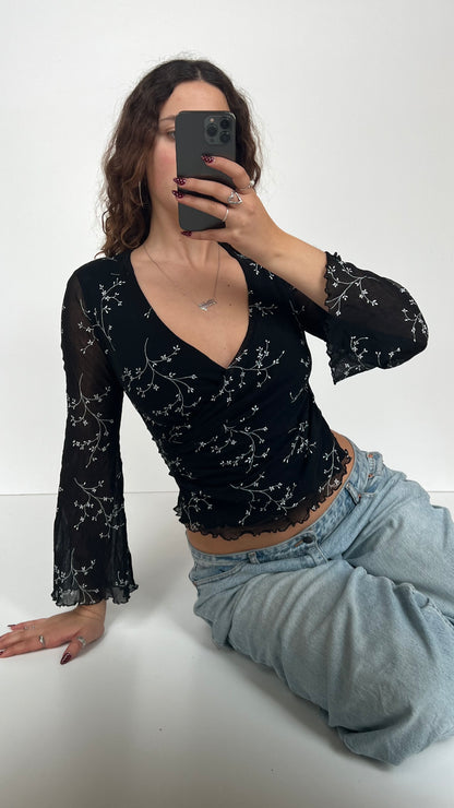 00s black floral long sleeve top- size S