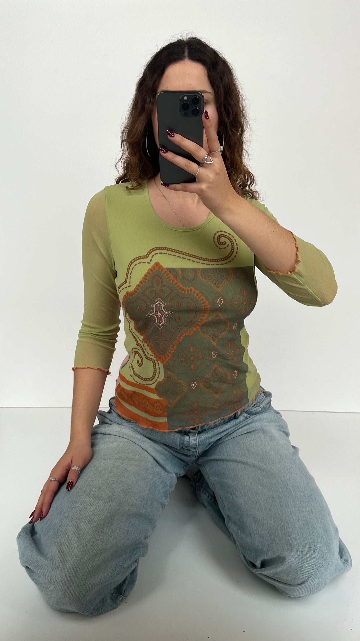 00s green pink mesh top- size M