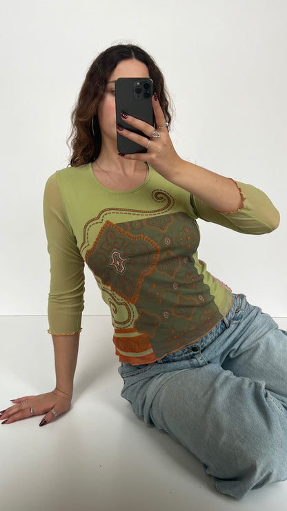 00s green pink mesh top- size M