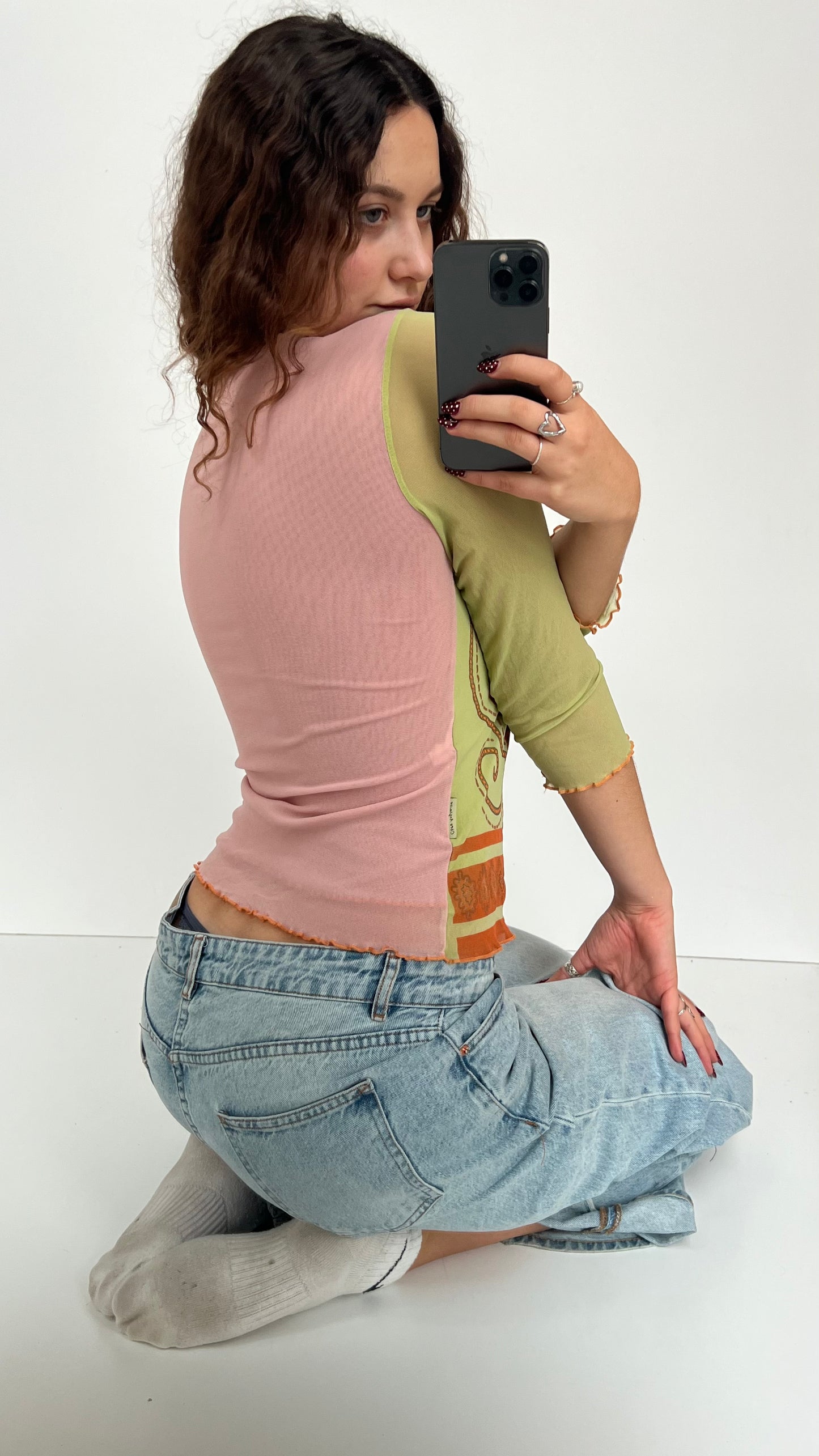 00s green pink mesh top- size M