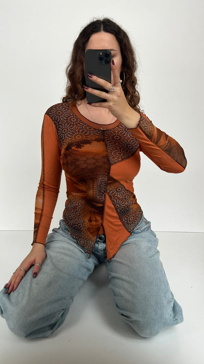 00s orange patchwork mesh top- size S