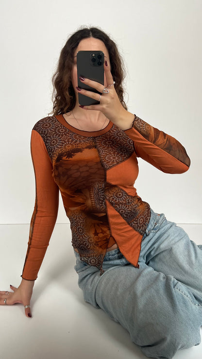 00s orange patchwork mesh top- size S