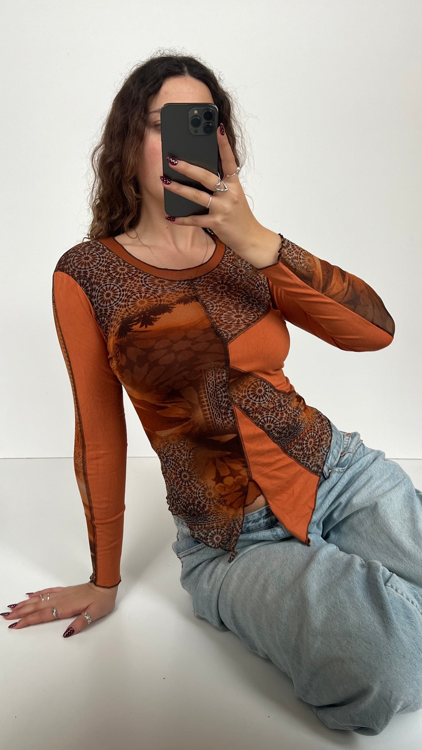 00s orange patchwork mesh top- size S