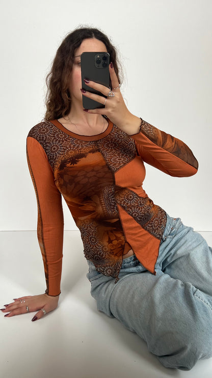 00s orange patchwork mesh top- size S