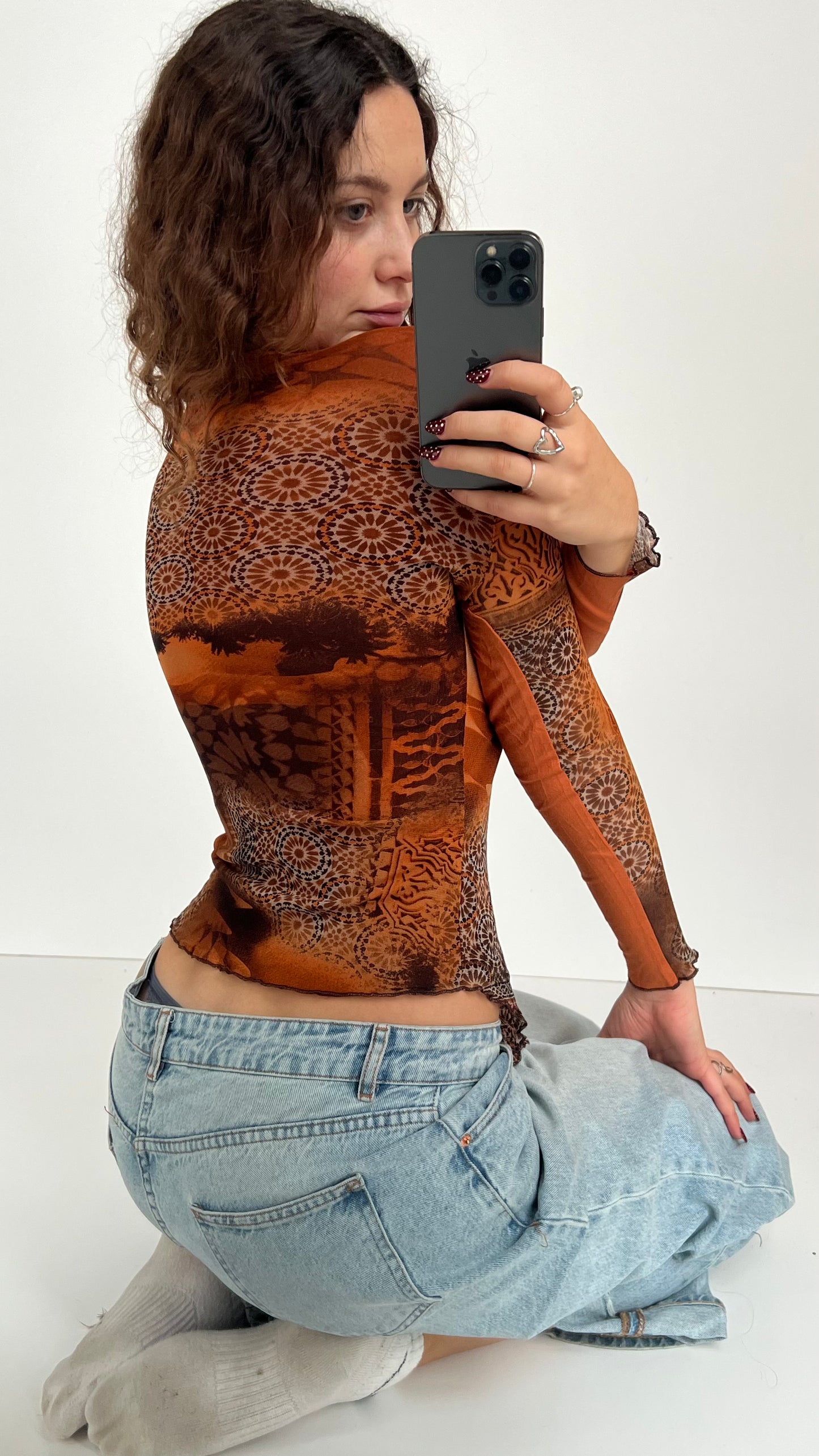 00s orange patchwork mesh top- size S