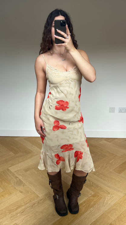 00s beige floral mesh midi dress- size S