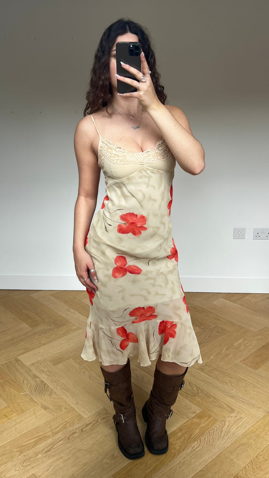 00s beige floral mesh midi dress- size S