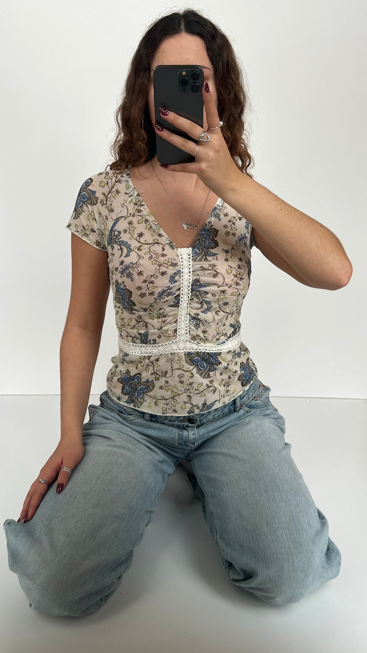 00s cream blue mesh top- size S/M