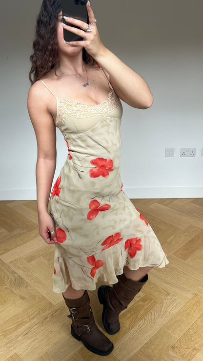 00s beige floral mesh midi dress- size S