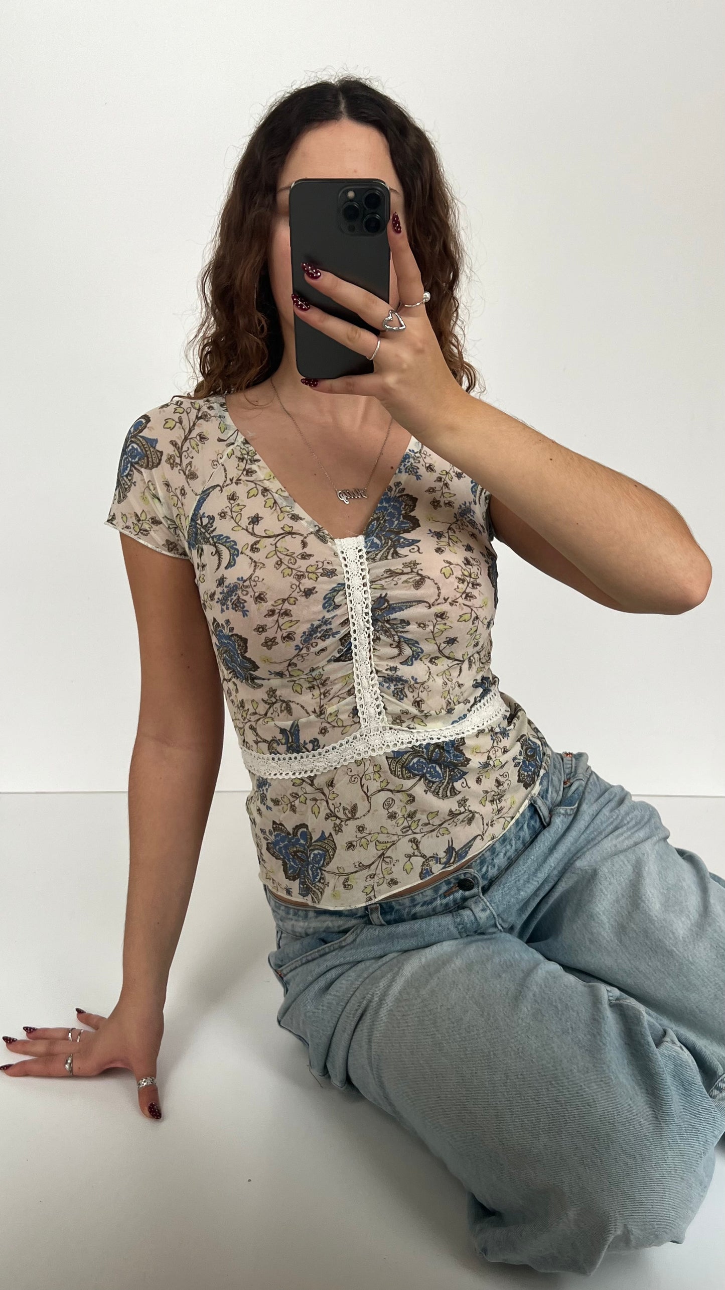 00s cream blue mesh top- size S/M