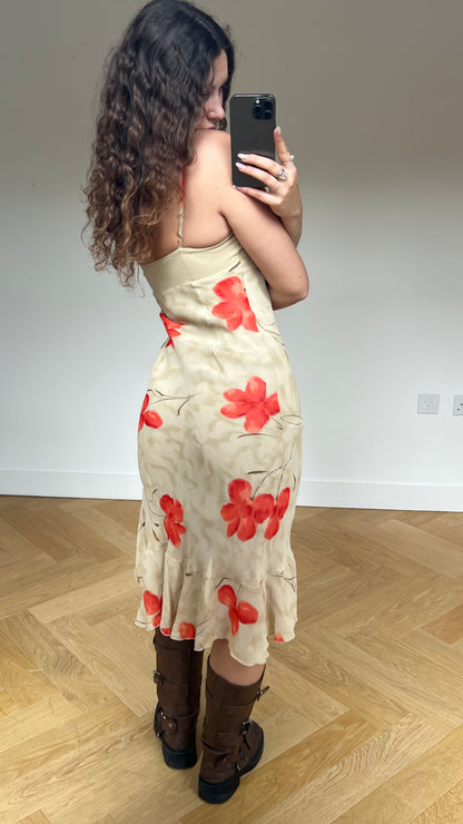 00s beige floral mesh midi dress- size S