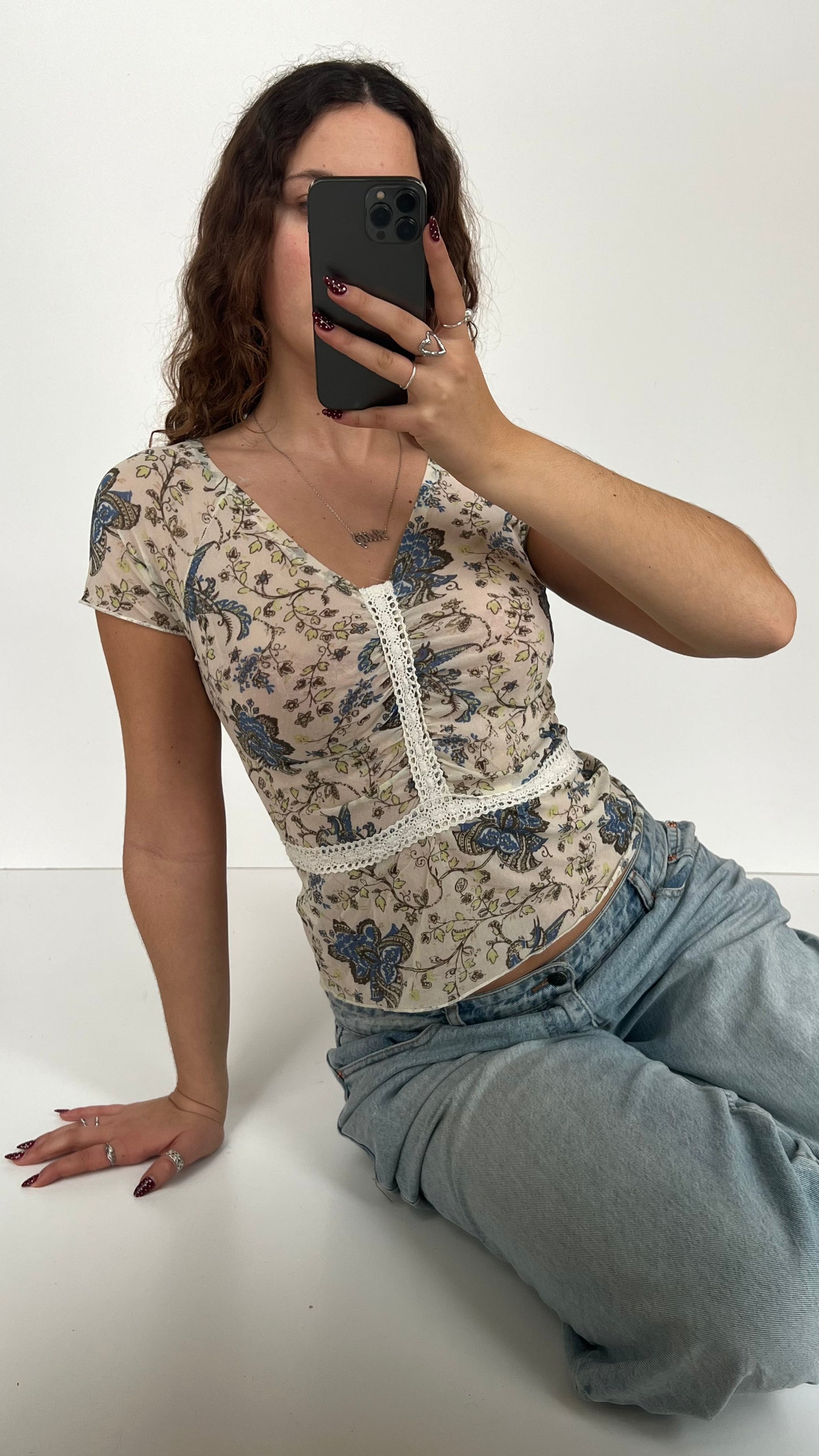 00s cream blue mesh top- size S/M