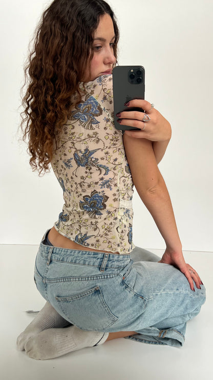 00s cream blue mesh top- size S/M