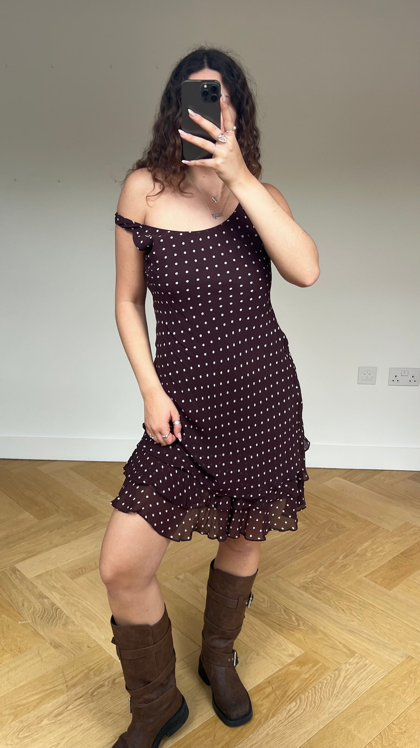 00s brown polka dot midi dress- size M