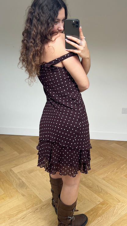 00s brown polka dot midi dress- size M
