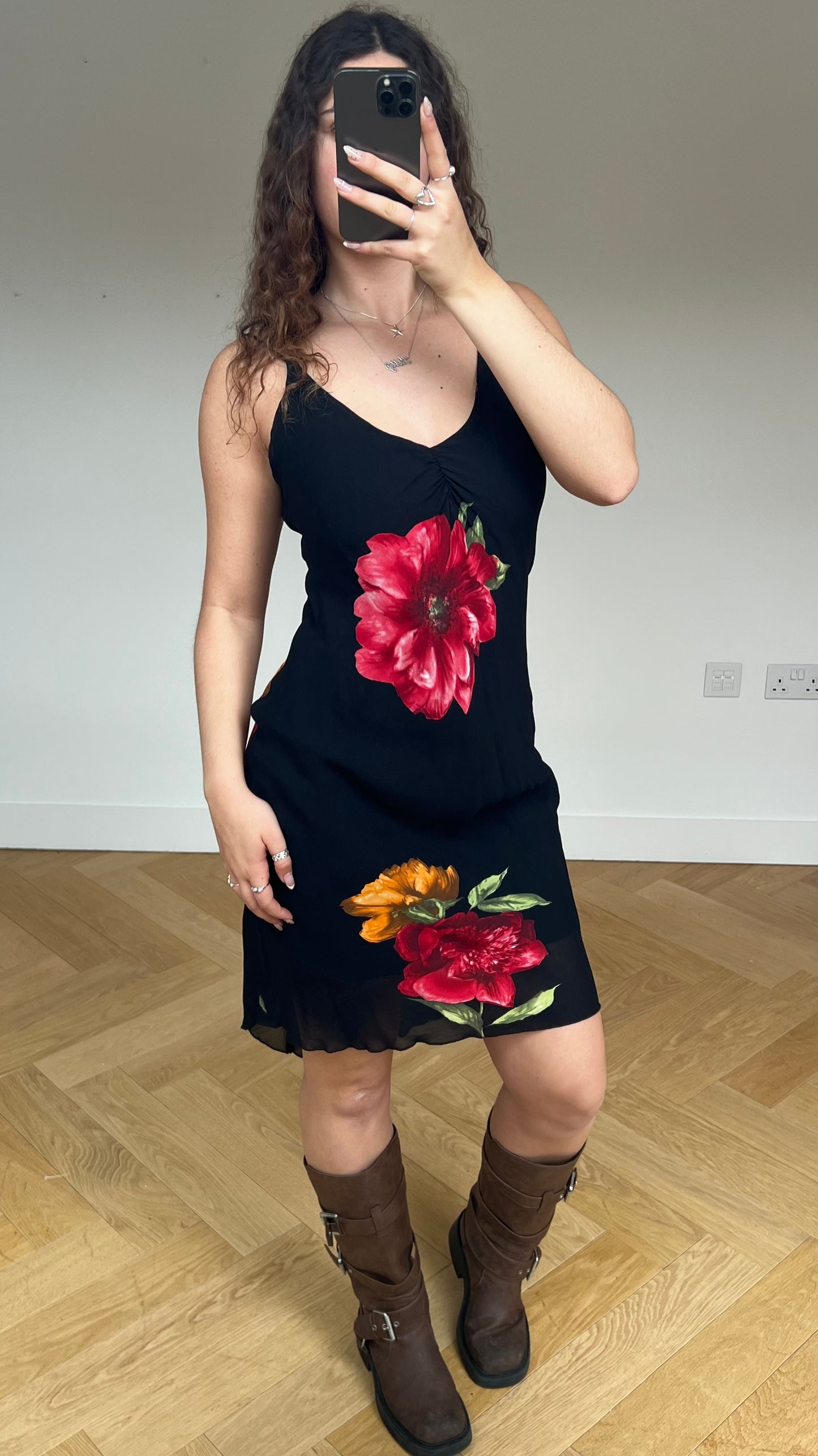 00s black mesh floral dress- size M