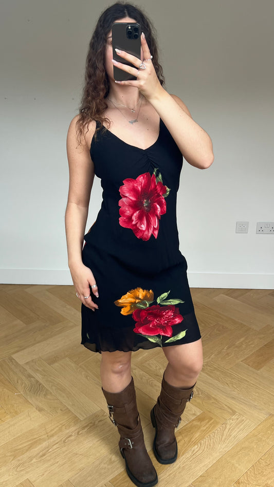 00s black mesh floral dress- size M