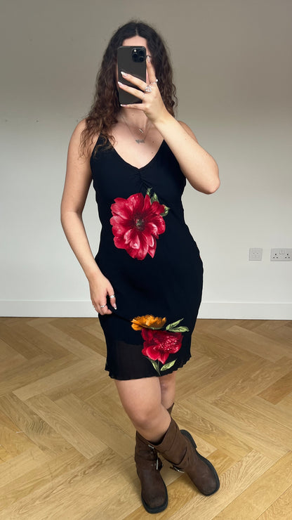 00s black mesh floral dress- size M