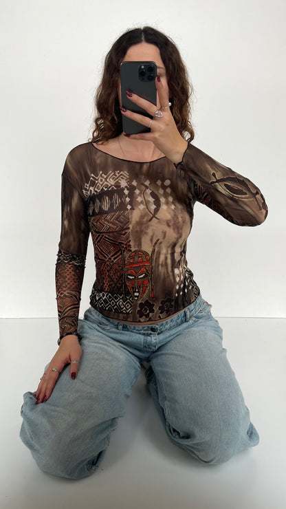 00s brown patterned mesh top- size S