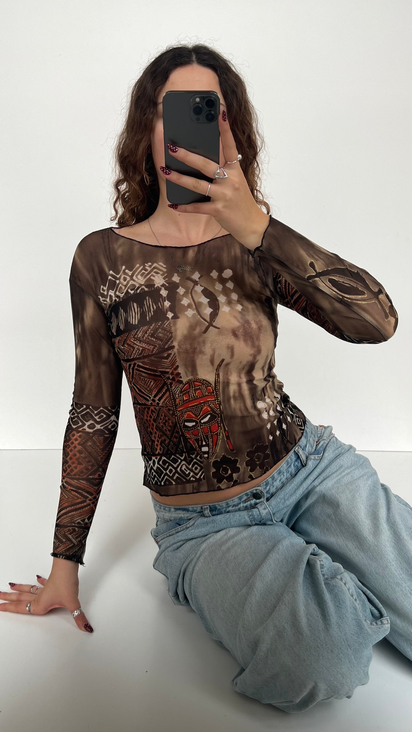 00s brown patterned mesh top- size S