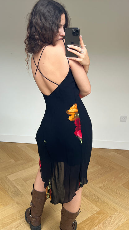 00s black mesh floral dress- size M