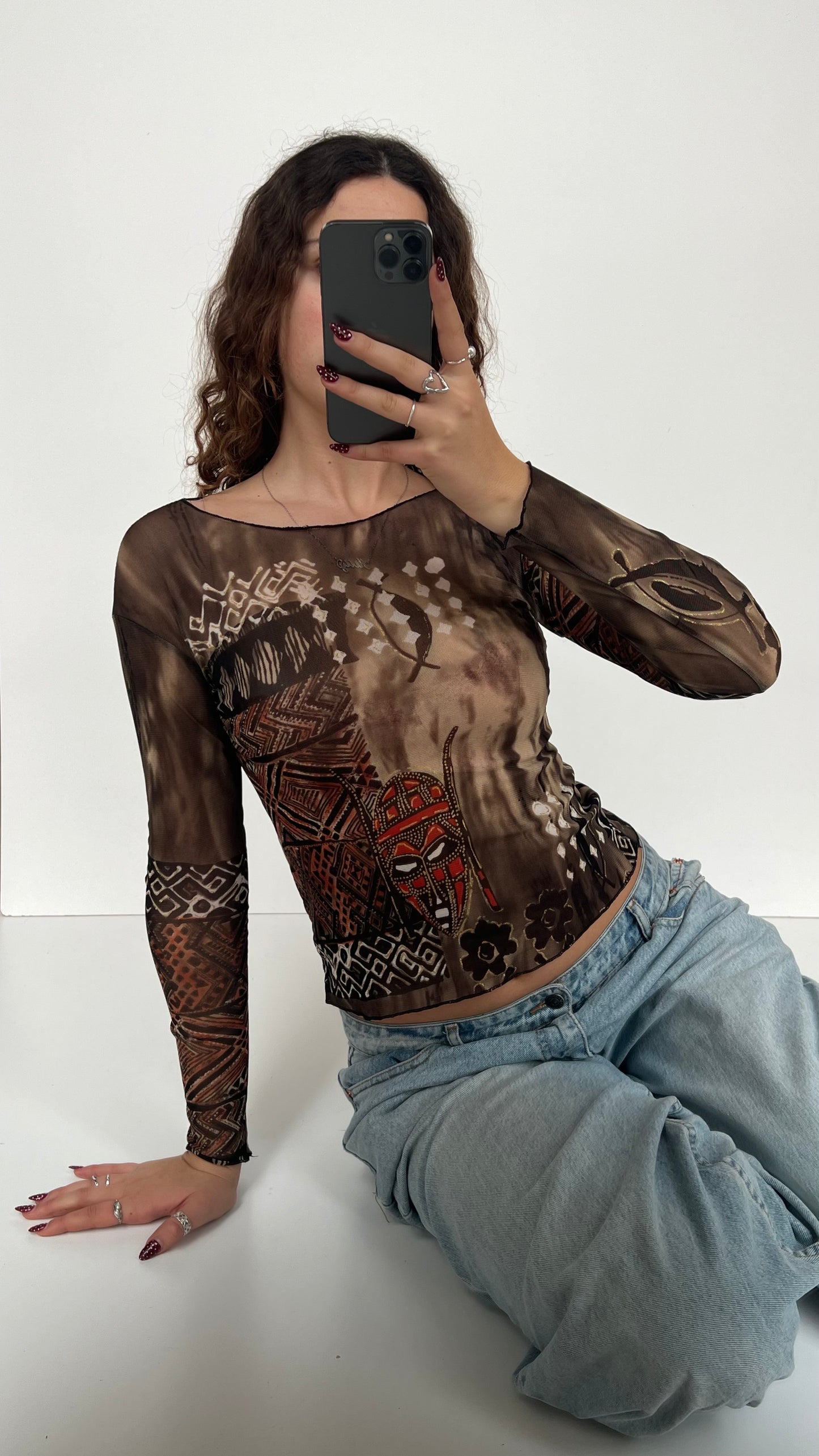 00s brown patterned mesh top- size S
