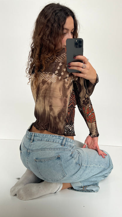 00s brown patterned mesh top- size S