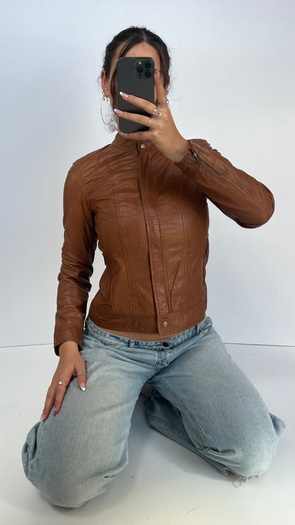 00s brown leather jacket- size M