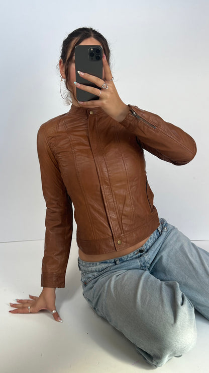 00s brown leather jacket- size M