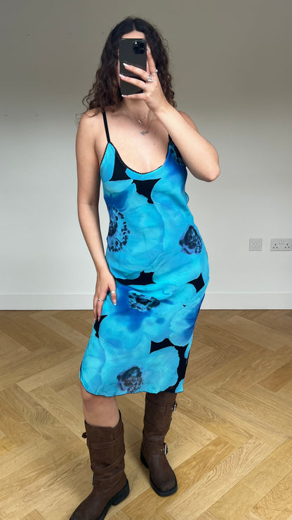 00s blue floral midi dress- size L