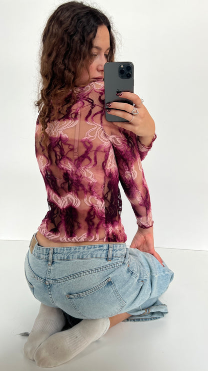00s pink lace long sleeve top- size S