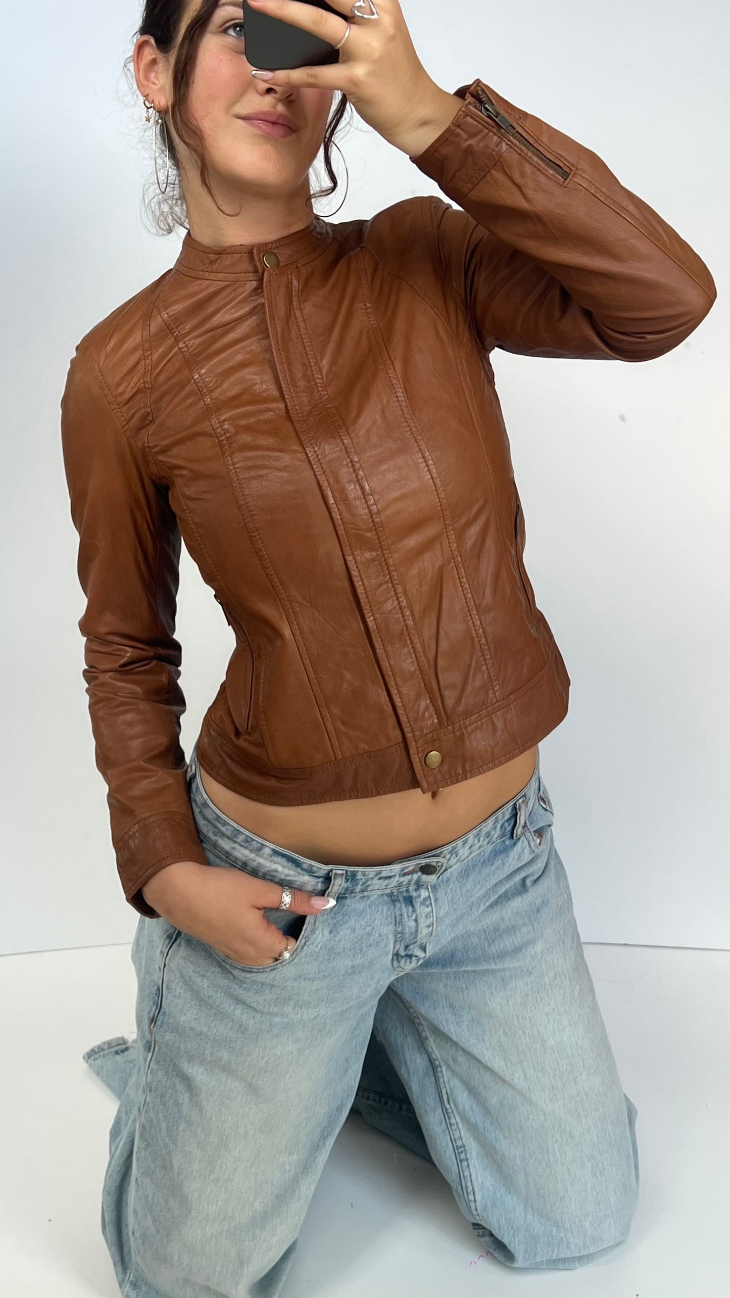 00s brown leather jacket- size M