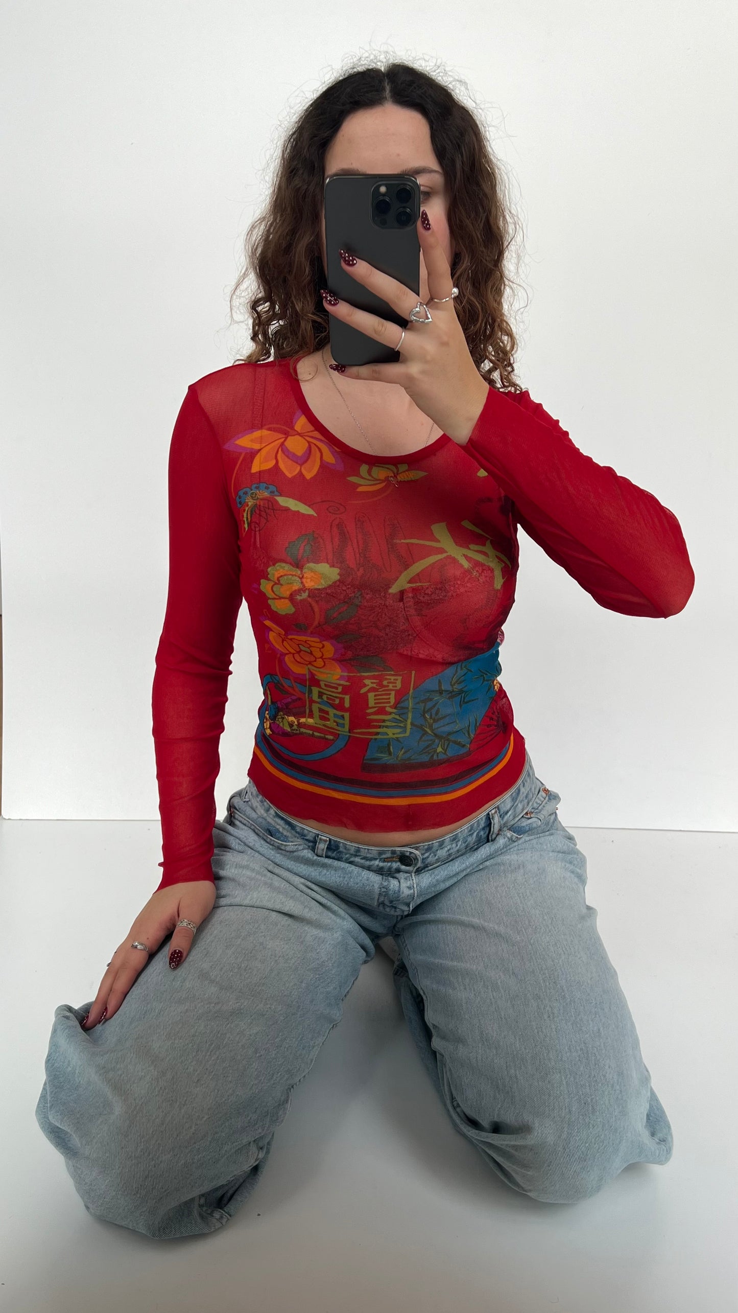00s red mesh long sleeve top- size S