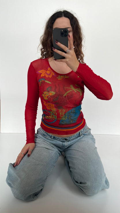 00s red mesh long sleeve top- size S