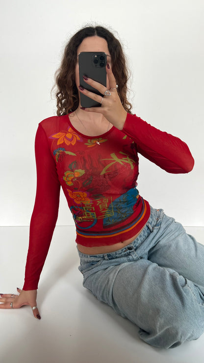 00s red mesh long sleeve top- size S