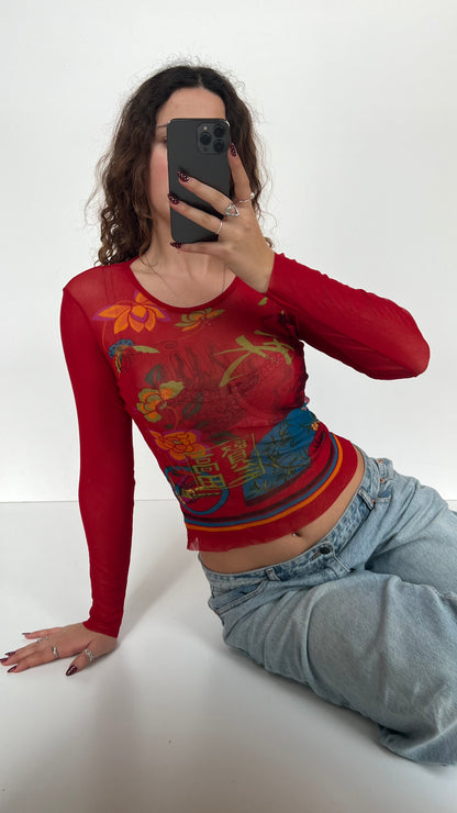 00s red mesh long sleeve top- size S